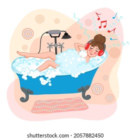 The girl takes a bath and listens to music on headphones. Soap bubbles in the bath with a woman. Relaxing in a spa salon. Vector illustration.