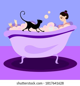 
the girl takes a bath with offensive foam, a black cat walks nearby