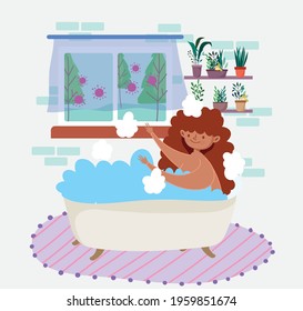 girl takes a bath, stay at home