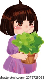 girl takes care of a flower in a pot 