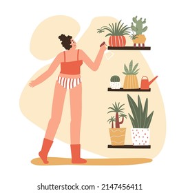 the girl takes care of the flowers. home plants in pots. flat hand drawn illustration.