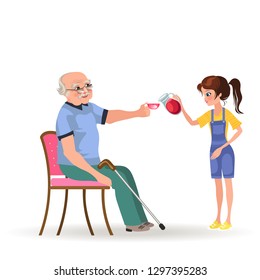girl takes care of grandfather, granddaughter bears senior gray-haired man sitting in wheelchair cup of tee