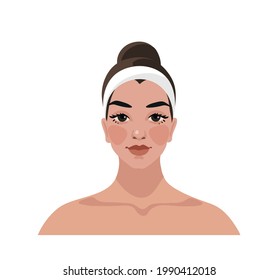 The girl takes care of her face and use skin cleansers. Skin care procedures icon. The concept of facial cleansing, mask, moisturizing and makeup removal. Flat cartoon vector illustration.