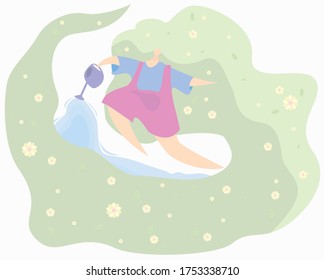 The girl takes care of her hair, moisturizing them and creating a beautiful garden of flowering and fresh long hair.