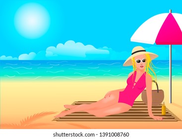 The girl takes care of her skin and hides under an umbrella