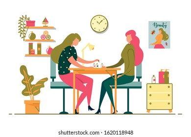 Girl Takes Care herself and Manicures Flat Banner. Master from Salon Helps Client to Look Soigne and Neat, she make Nails Beautiful. Room has Cozy Atmosphere, Plants and different Jars.