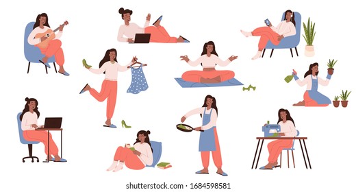 Girl takes care for houseplants, reading book, doing yoga, working, cooking,  listening to music, chatting, playing guitar, sewing. Set of illustration of home activities in quarantine isolation