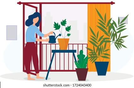 The girl takes care of indoor plants in the house.The daily routine of a young woman. Care of plants. Cozy interior with home plants. Vector illustration in flat style