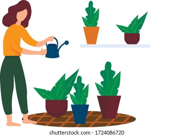 The girl takes care of indoor plants in the house.The daily routine of a young woman. Care of plants. Cozy interior with home plants. Vector illustration in flat style