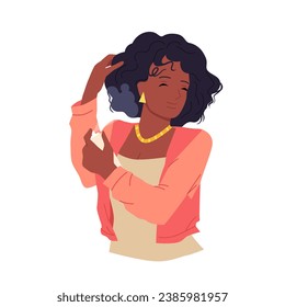 Girl takes care of kinky hair vector illustration. Cartoon isolated beautiful young woman holding bottle to spray anti frizz cosmetic product on strands, treatment process of curly girl method