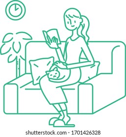 Girl takes care for reading book, quarantine due to coronavirus. Illustration of home activities