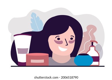 Girl takes care of skin. Woman in patches improves condition of skin. Caring of face condition. Self care concept. Cosmetics products. Skincare routine and eyes patches applying. Vector illustration