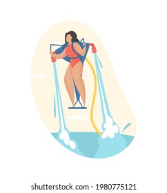 Girl takes off water pack. Fun extreme attraction with powerful water jets. Tourist in swimsuit soars happily on sea. Summer adventure in motion with jet pump. Vector flat illustration isolated