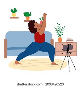 The girl takes online classes on the phone, does yoga. The concept of Stay at home.