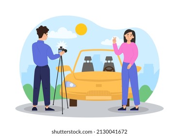 Girl takes photo with car. Model for fashion magazines, posters and banners. Family or young couple on walk. Memory and recollection, photographer and client. Cartoon flat vector illustration