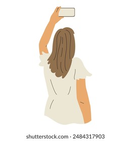 A girl takes a photo or video on her phone. View from the back. Shooting a bright event, friends, a beautiful landscape. Vector illustration of modern flat style.