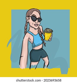 The girl takes a selfie after jogging. Holds a cup of coffee in his hands.