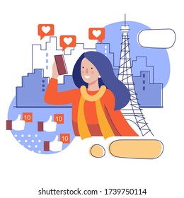 A girl takes a selfie against the background of the Eiffel tower. Stylized illustration of a travel blogger