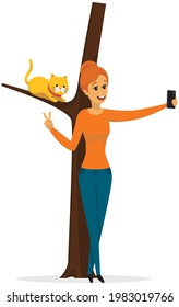 Girl takes selfie with cat on tree. Woman is photographed with kitten. Lady with smartphone is posing for photo with animal. Female character making selfie photo isolated on white background