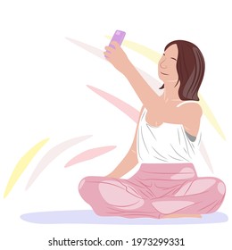 The girl takes a selfie in the lotus position. Yoga classes. Beautiful girl. Take pictures with a smartphone. Modern vector graphics. Illustration with blank space.