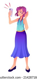 Girl takes a selfie on the phone. Purple hair. Anime style. Vector colorful illustration on a white background.
