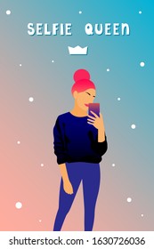 Girl takes a selfie. Portrait of abstract young girl photographing herself on a mobile phone for design party invitation, birthday card, bag or t-shirt print etc