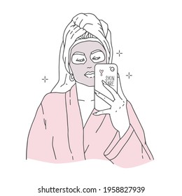 A Girl takes a selfie. Towel on the head, mask, robe. Home skincare treatments, spa procedure. Outline drawing, fashion sketch. Modern illustration in minimalist style, vector. Sticker design, banner.