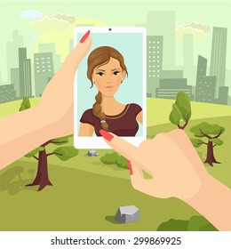 Girl takes selfie. Vector flat illustration