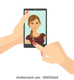 Girl takes selfie. Vector flat illustration