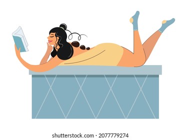 The girl takes spa treatments. A woman is resting on a marble bed in a sauna with a book. Vector with cute seductive brunette. Spa - hot stone massage. Rest, study, work. Comfort and pleasant recovery