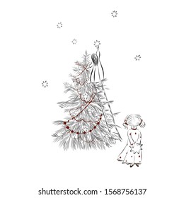 Girl takes star from the sky while standing on stepladder. Christmas tree with garland. Fabulous book illustration.