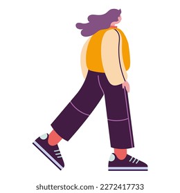 The girl takes a step forward, back view, cartoon style. Trendy modern vector illustration isolated on white background, hand drawn, flat design. 