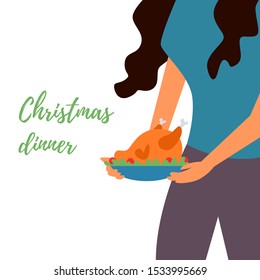 The girl takes the tray of chicken Turkey. Delicious food. Christmas dinner. Festive dish. Vector