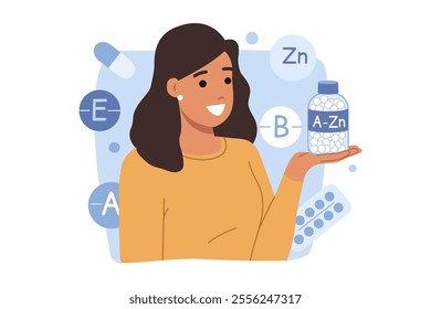 Girl takes vitamins from A to Zn to improve immunity and avoid viral diseases, negatively affect health. Positive woman recommends using dietary supplements and vitamins to prevent infection