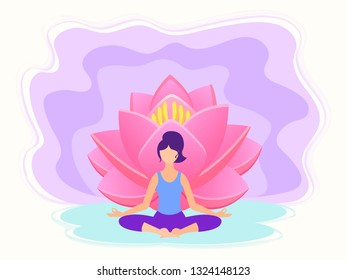 Girl takes yoga in Lotus position on Lotus flower background Yoga fitness concept Vector illustration 