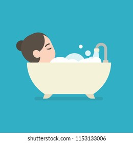 Girl taking a Bath in a Bathtub, cute character, vector illustration.