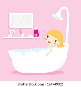 girl taking a bath in a bathtub with pink background