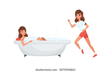 Girl Taking Bath in Bubble Bathtub and Running in Morning, Set, Young Woman Activity and Daily Routine Cartoon Vector Illustration