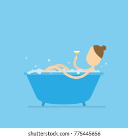 Girl taking a bath and hand holding glass of wine. Flat design vector illustration