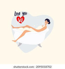 Girl taking bath. Picture for decorating website of ceramics and sanitary ware. Psychology, self love and inner peace. Hygiene and beauty. Cartoon flat vector illustration isolated on beige background