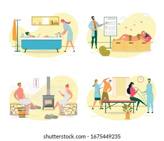 Girl Taking Bath Procedure in Salon. Woman Lying on Beehive. Couple Sitting in Sauna or Steam House and Relaxing, Rehabilitation after Leg or Arm Trauma Flat Cartoon Vector Illustration.