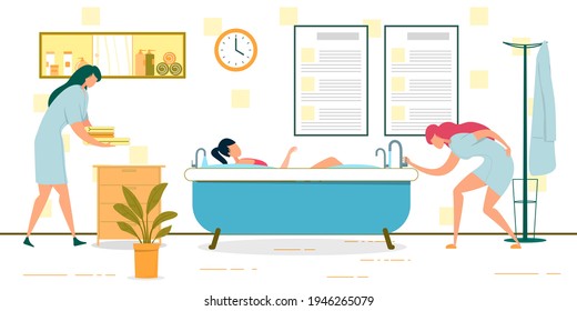 Girl Taking Bath Procedure in Salon. Medical Staff Turning on Water, Bringing Towel. Healthcare Using Cosmetic Product for Bathing. Skin Care and Body Treatment Flat Cartoon Vector Illustration.