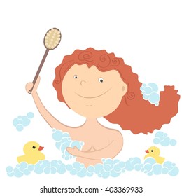 Girl taking bath with soap, bubbles and yellow ducks
