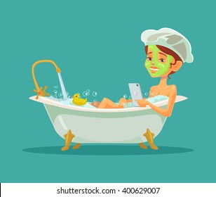 Girl taking bath. Vector flat illustration