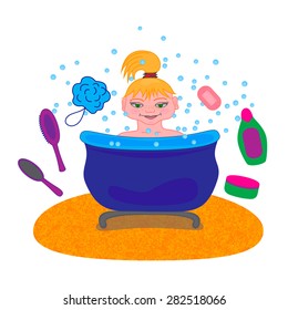 Girl taking a bath. A vector illustration.
