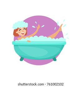 Girl taking a bubble bath in a vintage bathtub, woman caring for herself, healthy lifestyle vector Illustration