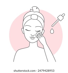 Chica cuidando la piel de la cara con suero, maquillaje eliminando la línea de rutina icono Ilustración vectorial