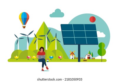 Girl taking care of nature and protect the environment. Green energy and pollution free production. Isolated flat vector illustration.