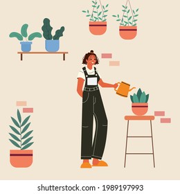 Girl taking care of plants at home. Plant care for mental health therapy.