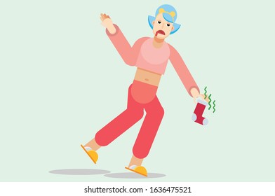 A girl taking a dirty sock with disgusting expression, a flat vector illustration. Simple vector illustration, this illustration can use as a sticker also. 